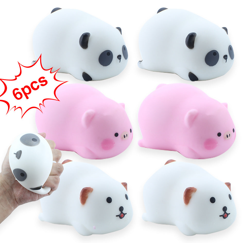 6-pack of soft squishy animal toys including panda, pig, and bear