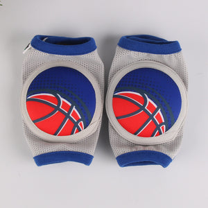 Blue and white baby knee pads with red spider illustration
