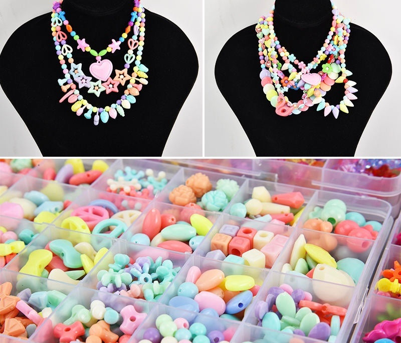 Boxed DIY jewelry kit for girls with over 200 colorful plastic beads