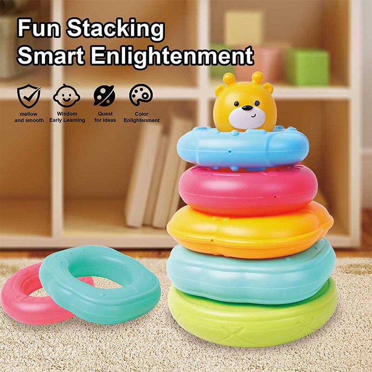 Colorful baby stacking ring toy set with animal topper for early learning